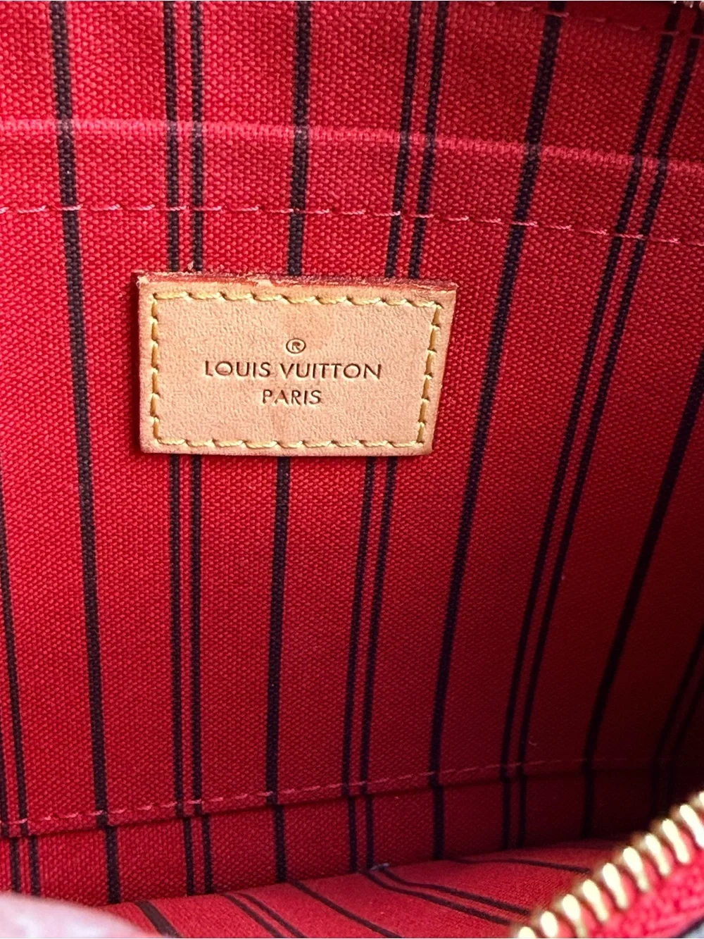 Louis Vuitton Monogram Neverfull Pouch in Brown with Red Trim Authentic